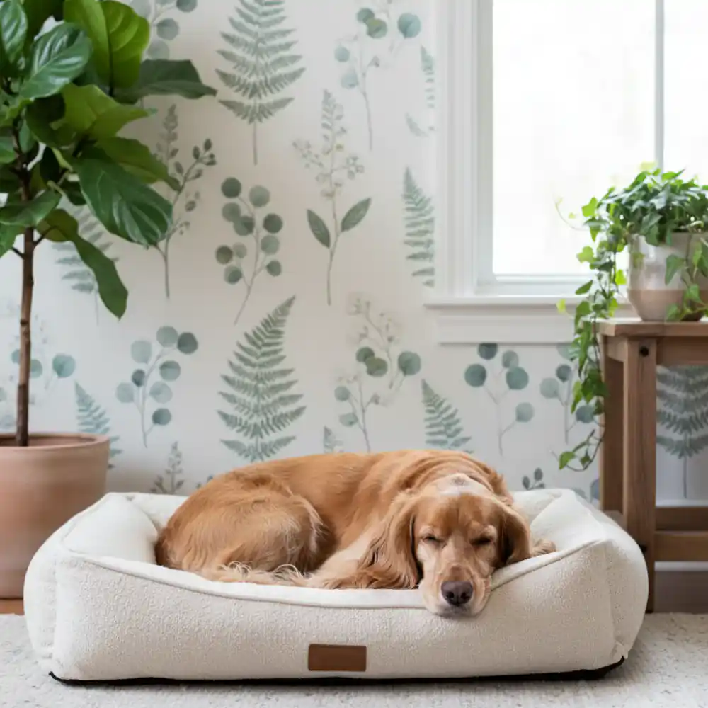 Well-groomed spaniel resting on an orthopedic pet bed