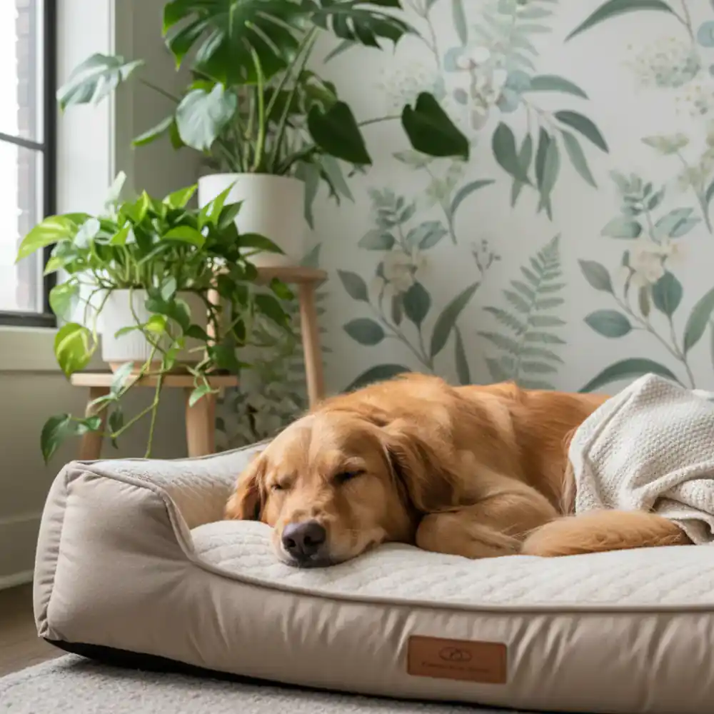 A peaceful dog resting on a supportive bed