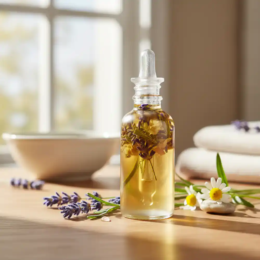 Glass dropper bottle of botanical calming supplements