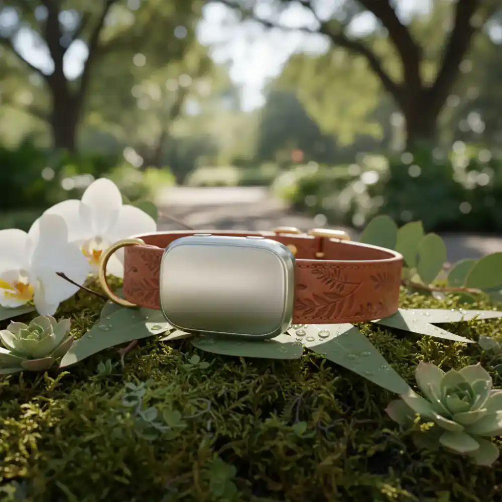 Sleek activity tracker attached to a premium collar