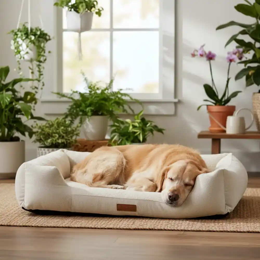 Dog resting comfortably on an orthopaedic bed